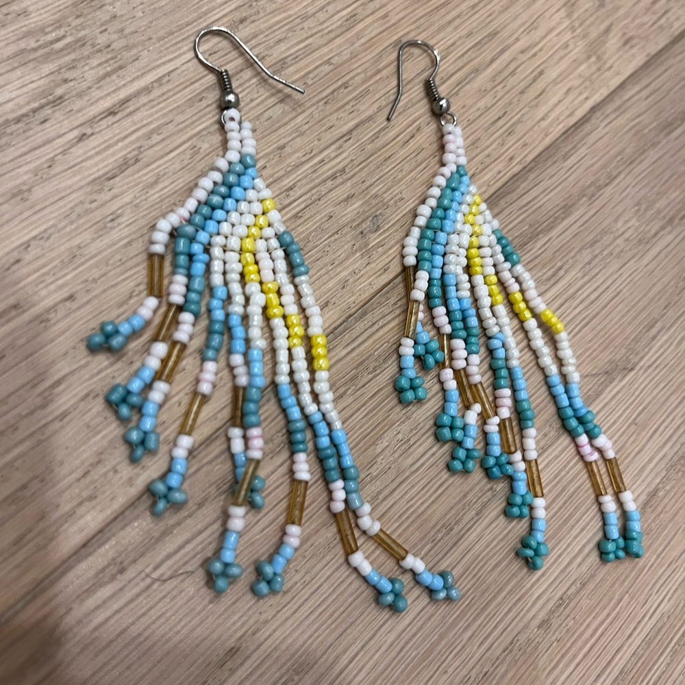 Beaded Fringe Earrings in Blue and Yellow